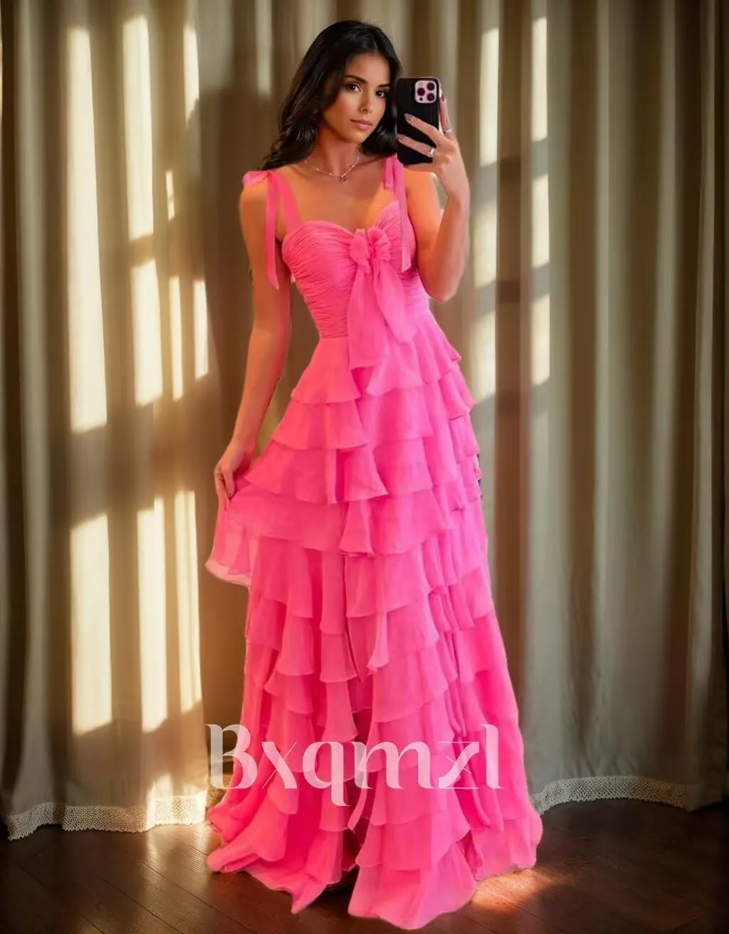 Women's Chiffon Prom Dresses Tiered Ruffles Long Ball Gown Spaghetti Straps Bow A Line Formal Evening Gowns with Slit