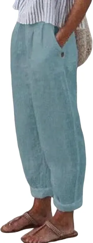 Women's Cotton Linen Casual Pants Summer High Waisted Baggy Beach Trousers with Pockets Plain Plus Size Cropped Slacks