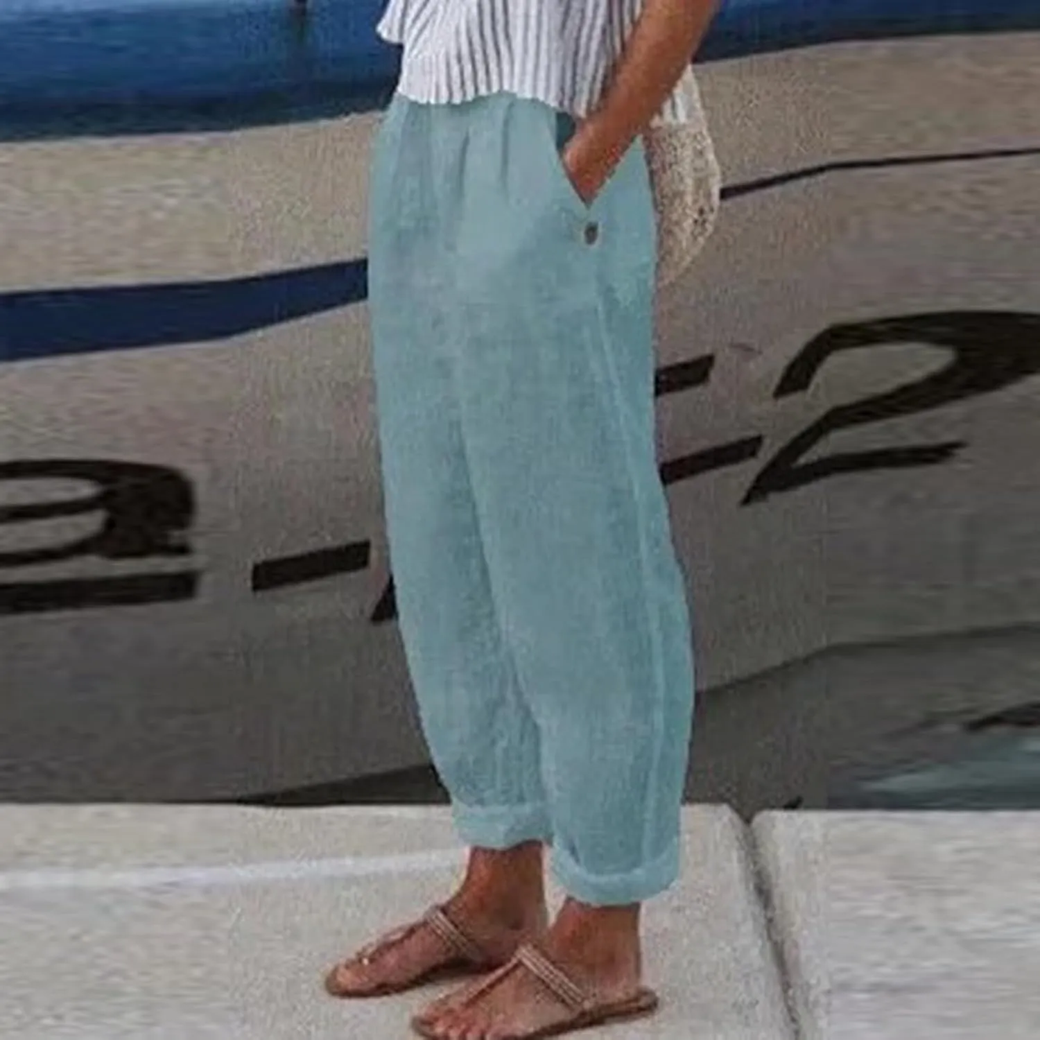 Women's Cotton Linen Casual Pants Summer High Waisted Baggy Beach Trousers with Pockets Plain Plus Size Cropped Slacks
