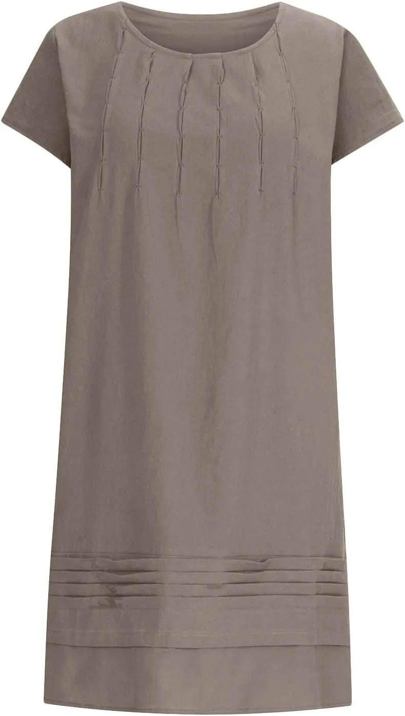 Women's Cotton Linen Midi Dress Plus Size Cap Sleeve Pleated Summer Dresses Vacation Crew Neck Casual Dress
