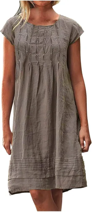 Women's Cotton Linen Midi Dress Plus Size Cap Sleeve Pleated Summer Dresses Vacation Crew Neck Casual Dress