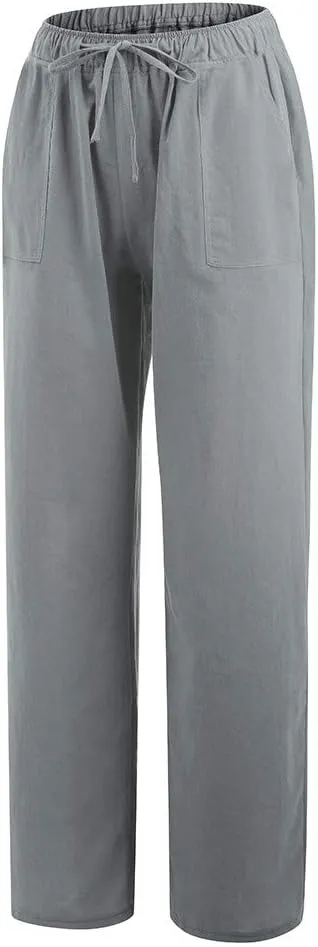 Womens Cotton Linen Palazzo Pants Summer Lightweight Drawstring Elastic Waist Casual Wide Leg Trousers with Pockets