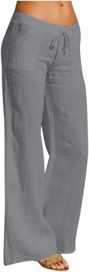 Womens Cotton Linen Palazzo Pants Summer Lightweight Drawstring Elastic Waist Casual Wide Leg Trousers with Pockets