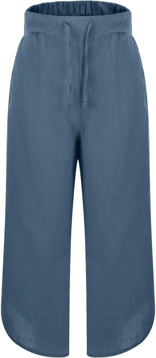 Womens Cotton Linen Palazzo Pants with Drawstring Elastic Waist, Casual Wide Leg Trousers, Summer Beach Pants with Pockets