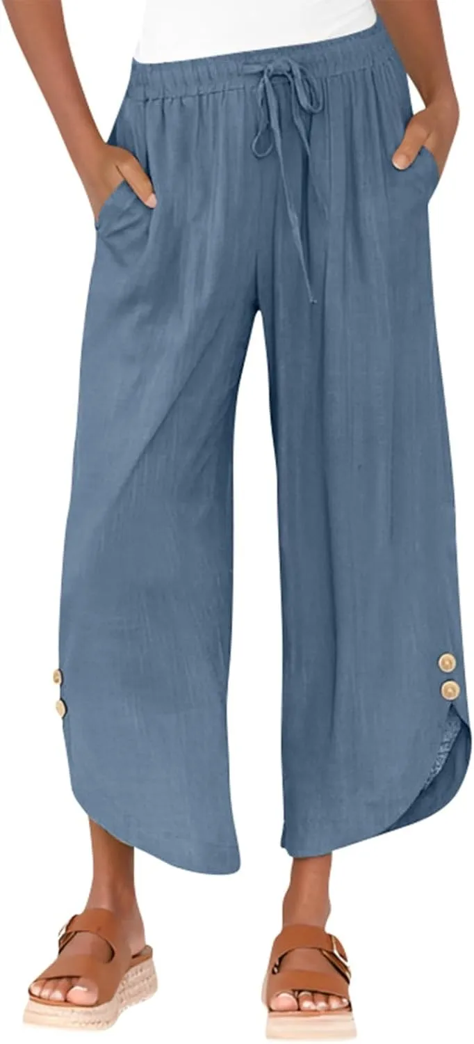 Womens Cotton Linen Palazzo Pants with Drawstring Elastic Waist, Casual Wide Leg Trousers, Summer Beach Pants with Pockets