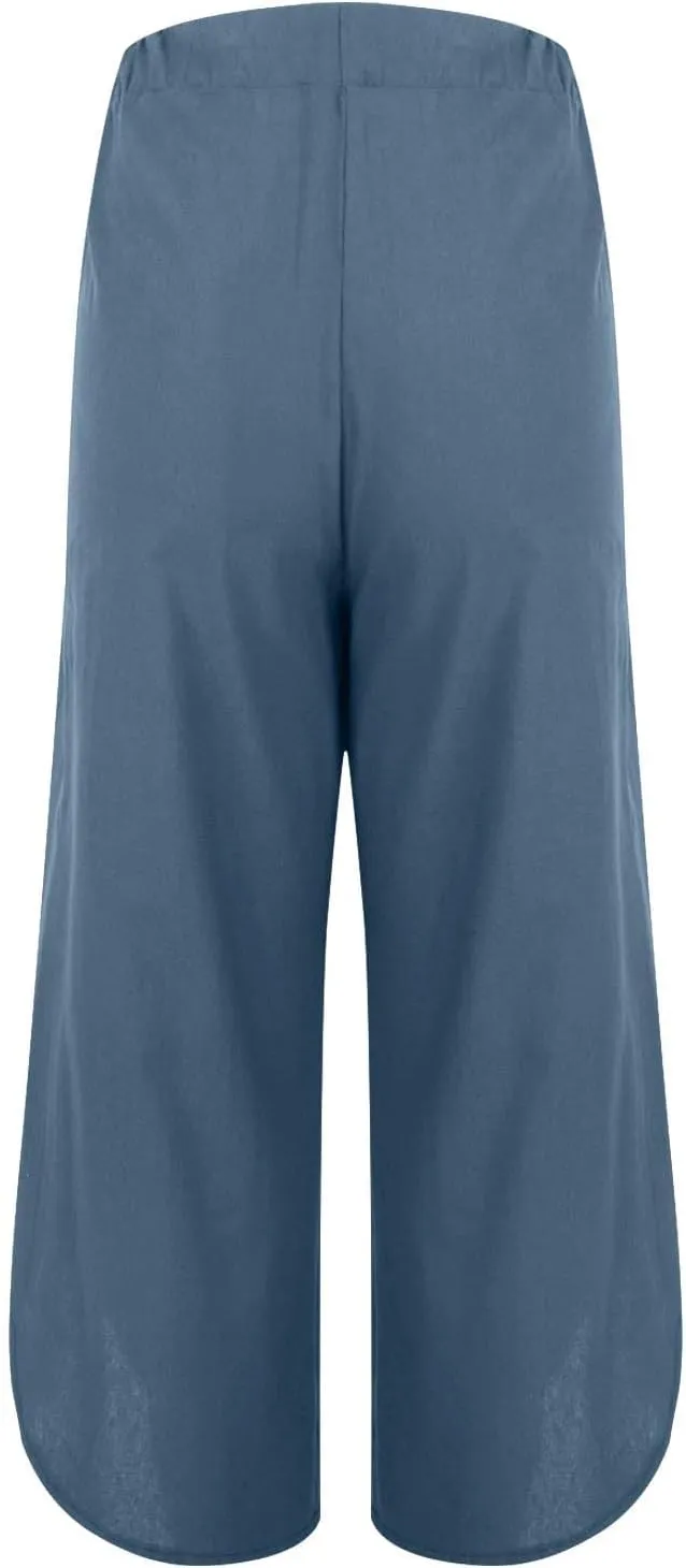 Womens Cotton Linen Palazzo Pants with Drawstring Elastic Waist, Casual Wide Leg Trousers, Summer Beach Pants with Pockets