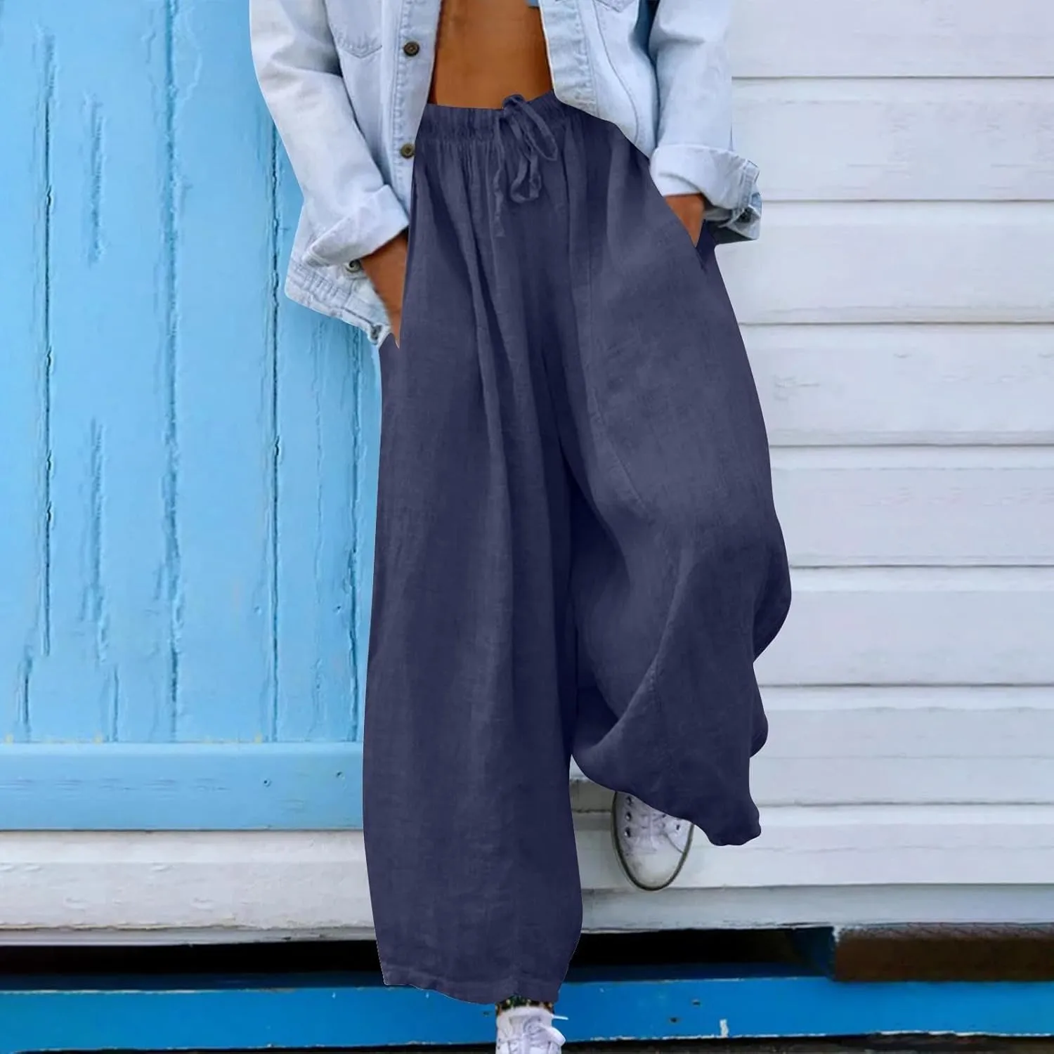 Women's Cotton Linen Pants 2025 Summer Elastic Waist Straight Leg Relax Comfy Solid Color Casual Long Trouser