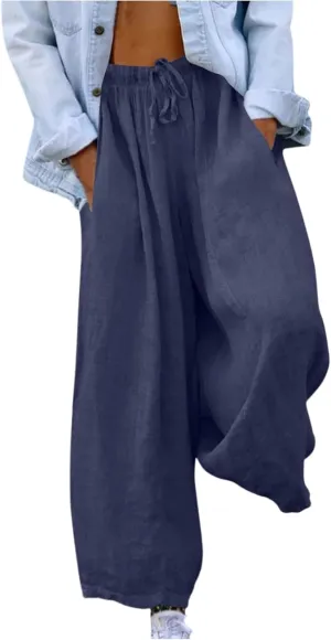 Women's Cotton Linen Pants 2025 Summer Elastic Waist Straight Leg Relax Comfy Solid Color Casual Long Trouser