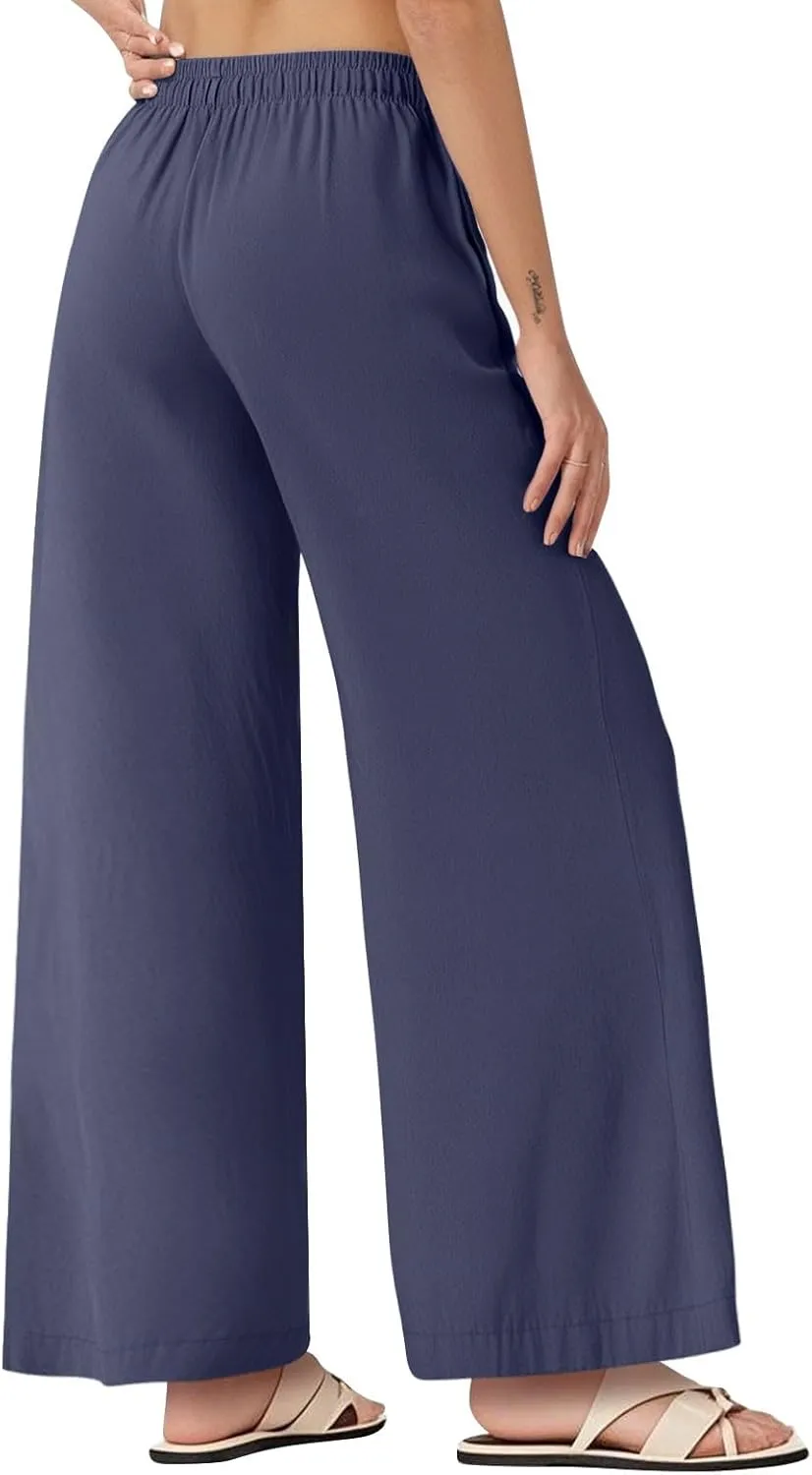 Women's Cotton Linen Pants 2025 Summer Elastic Waist Straight Leg Relax Comfy Solid Color Casual Long Trouser
