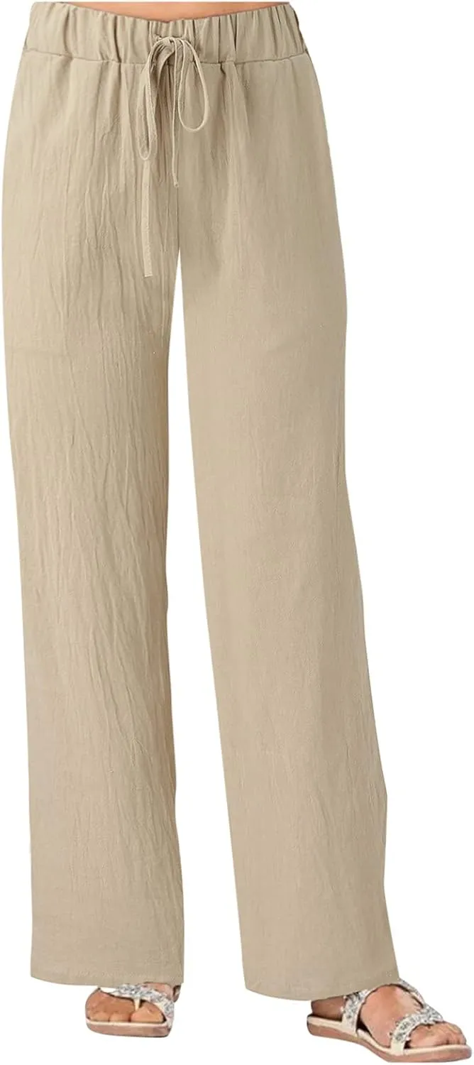 Women's Cotton Linen Side Split Trousers High Waist Drawstring Pants Summer Solid Color Lightweight Pants