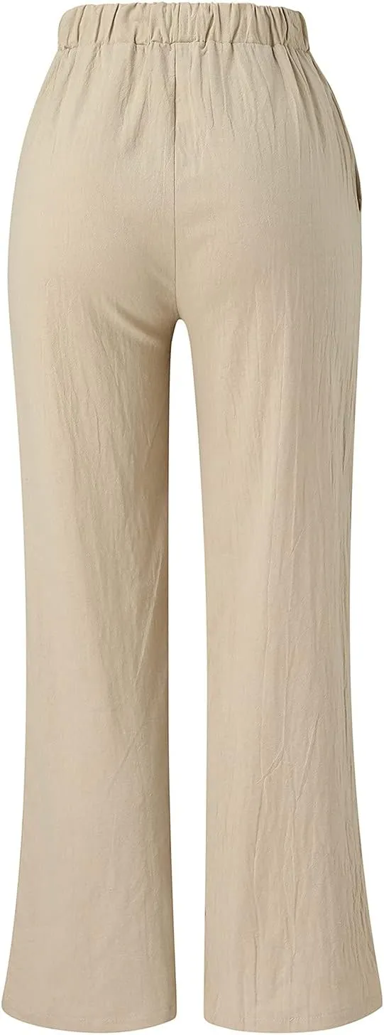 Women's Cotton Linen Side Split Trousers High Waist Drawstring Pants Summer Solid Color Lightweight Pants