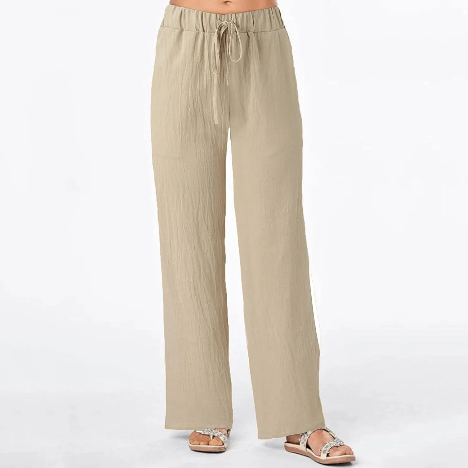 Women's Cotton Linen Side Split Trousers High Waist Drawstring Pants Summer Solid Color Lightweight Pants
