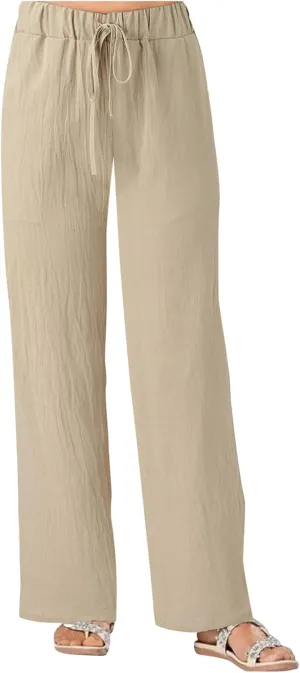 Women's Cotton Linen Side Split Trousers High Waist Drawstring Pants Summer Solid Color Lightweight Pants