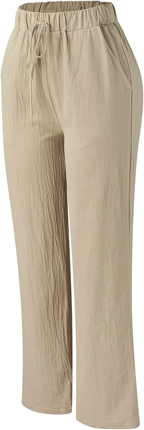 Women's Cotton Linen Side Split Trousers High Waist Drawstring Pants Summer Solid Color Lightweight Pants