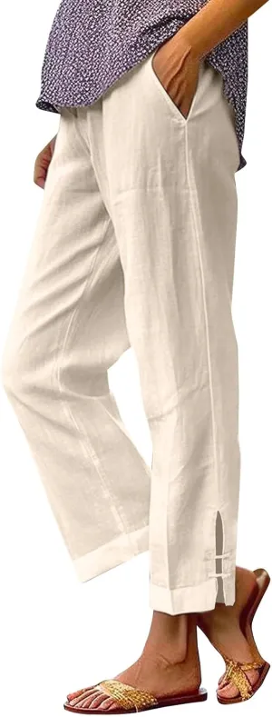 Women's Cotton Linen Summer Palazzo Pants Summer Drawstring Cotton and Linen Split High Waist Comfy White Gauze