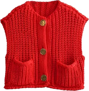 Womens Crochet Chunky Knit Top Sleeveless Button Down Crop Tops Trendy Cardigan Sweater Vest for Women with Pockets