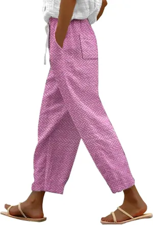 Women's Cropped Linen Capris with Pockets, Adjustable Waist Wide-Leg Trousers Beach Vacations Casual Outdoor