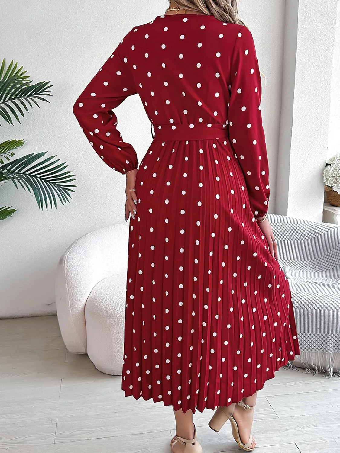 Women's Dress for Autumn and Winter, Elegant Color Blocking Polka dot Cross V-Neck Pleated Long Skirt