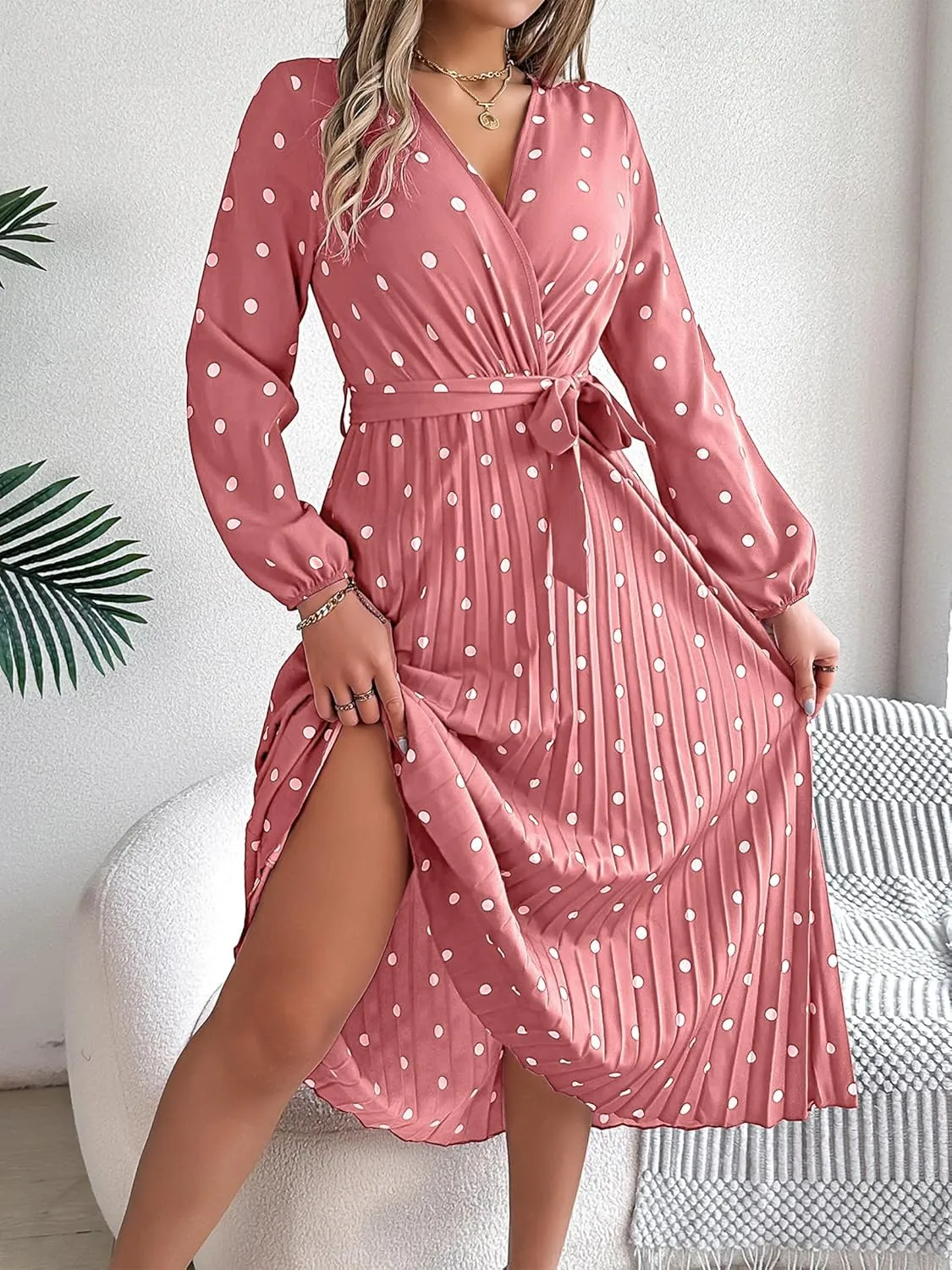 Women's Dress for Autumn and Winter, Elegant Color Blocking Polka dot Cross V-Neck Pleated Long Skirt