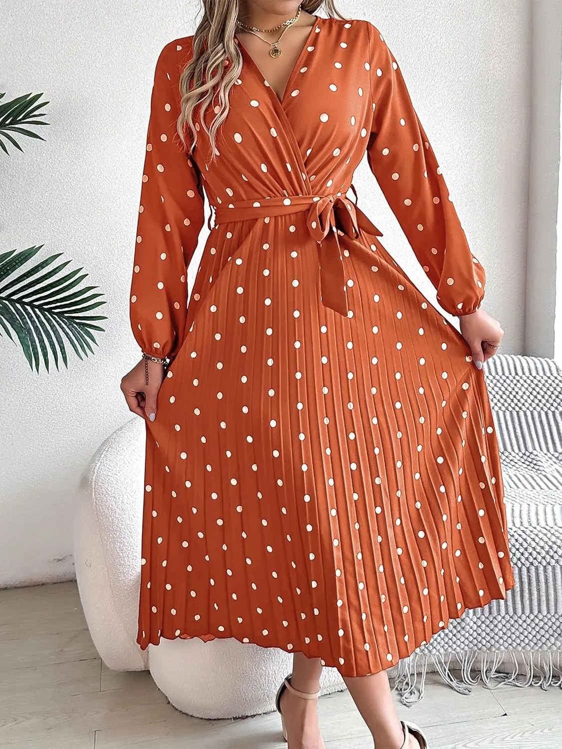 Women's Dress for Autumn and Winter, Elegant Color Blocking Polka dot Cross V-Neck Pleated Long Skirt