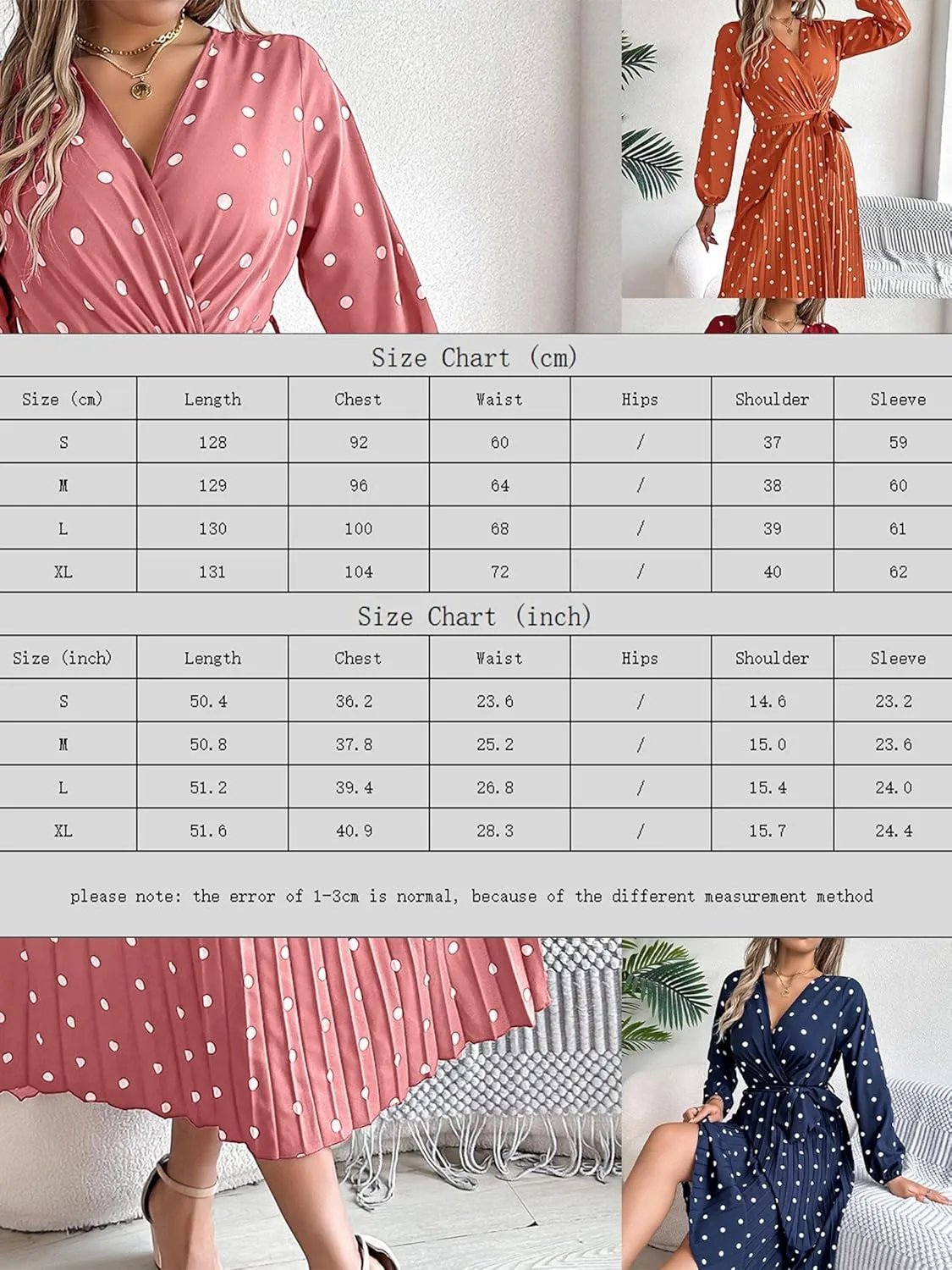 Women's Dress for Autumn and Winter, Elegant Color Blocking Polka dot Cross V-Neck Pleated Long Skirt