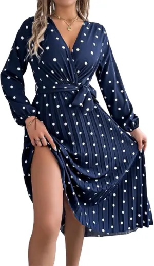Women's Dress for Autumn and Winter, Elegant Color Blocking Polka dot Cross V-Neck Pleated Long Skirt
