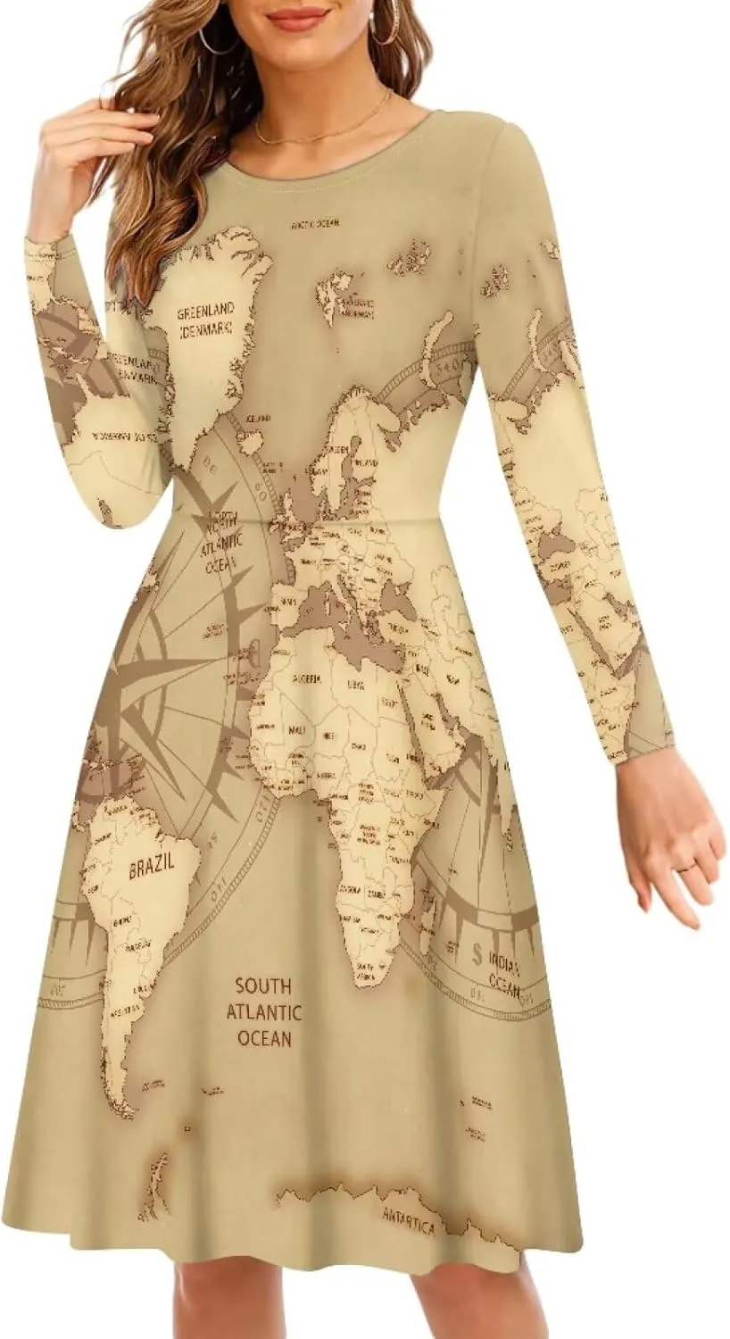 Women's Fall Dresses Long Sleeve High Waist Midi Evening Dress Trendy Round Neck Party Flare Dress Plus Size S-4XL