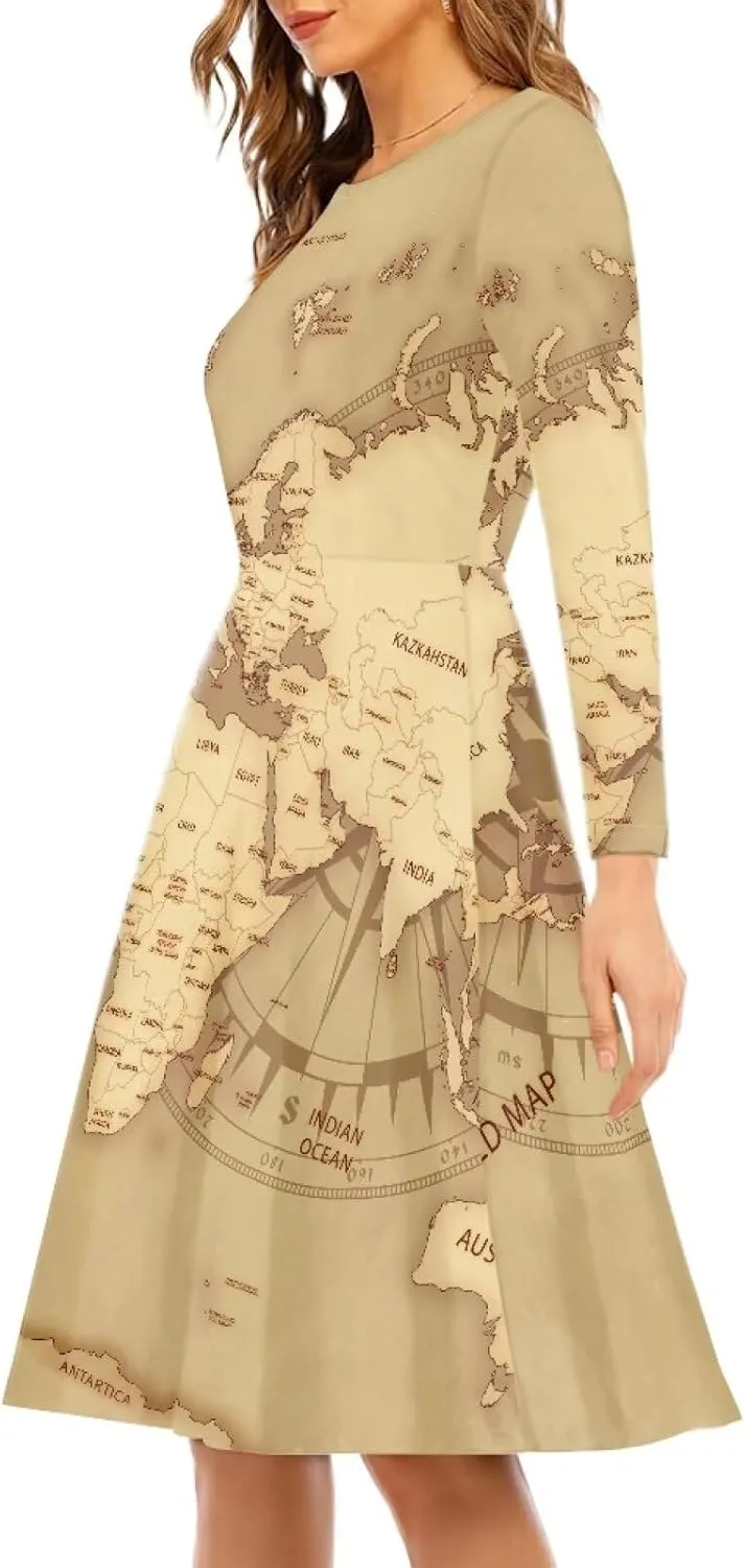 Women's Fall Dresses Long Sleeve High Waist Midi Evening Dress Trendy Round Neck Party Flare Dress Plus Size S-4XL