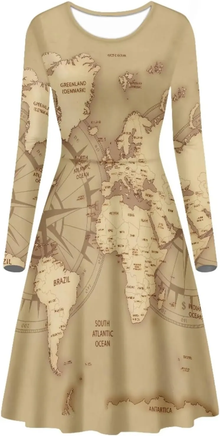 Women's Fall Dresses Long Sleeve High Waist Midi Evening Dress Trendy Round Neck Party Flare Dress Plus Size S-4XL
