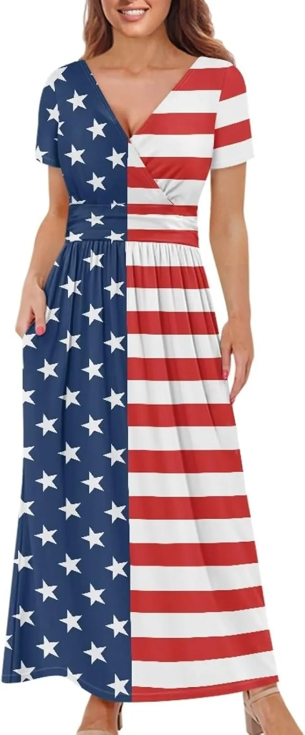 Women's Fall Summer Short Sleeve Ankle Length V-Neck Party Dress with Pockets Size S-3XL