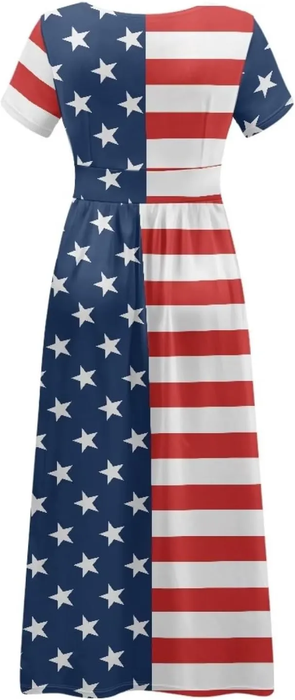 Women's Fall Summer Short Sleeve Ankle Length V-Neck Party Dress with Pockets Size S-3XL