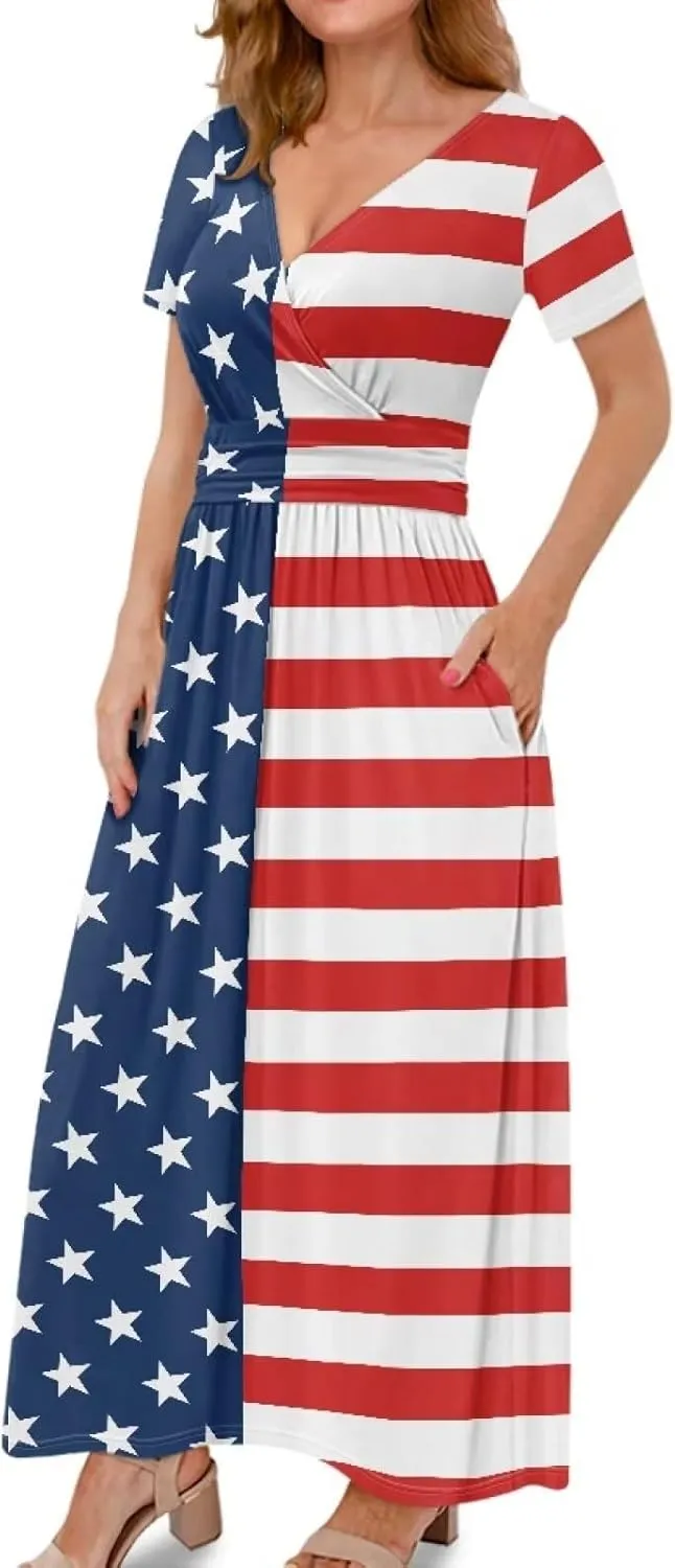 Women's Fall Summer Short Sleeve Ankle Length V-Neck Party Dress with Pockets Size S-3XL