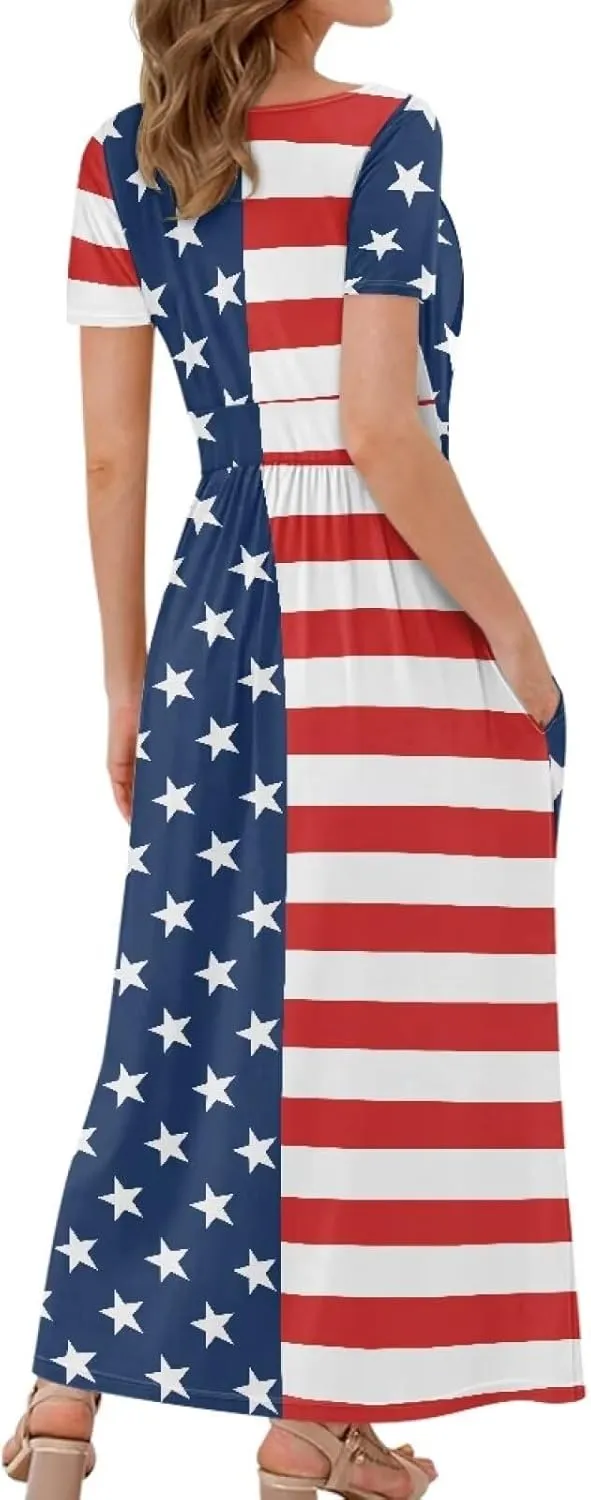 Women's Fall Summer Short Sleeve Ankle Length V-Neck Party Dress with Pockets Size S-3XL