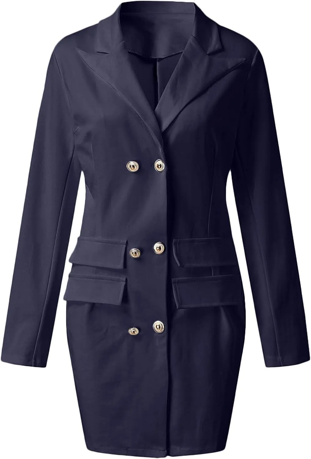 Women's Fashion Double Breasted Trench Coat Solid Color Slim Jacket Pocket Decoration Long Dress Tan Fleece