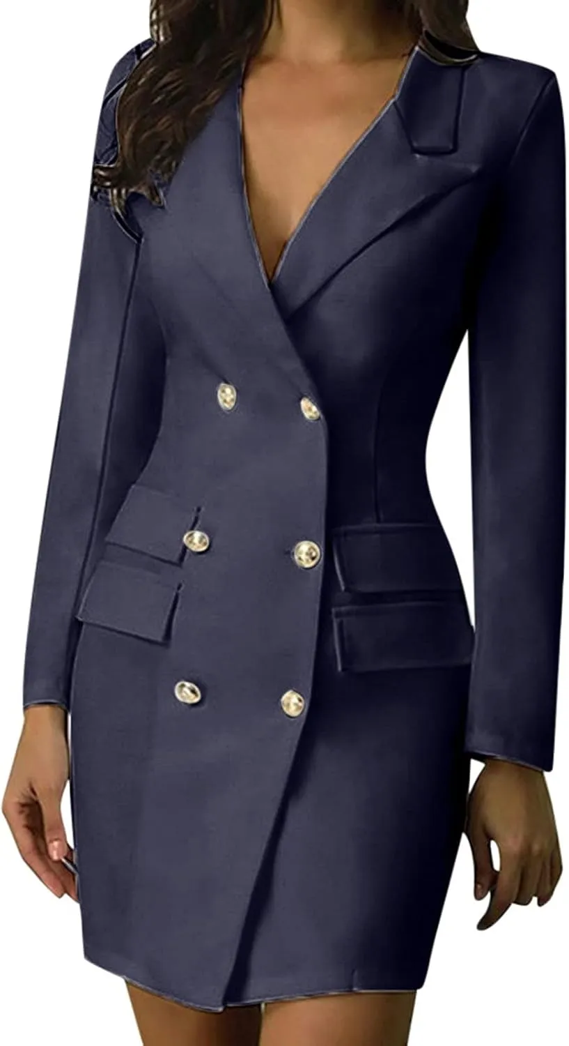 Women's Fashion Double Breasted Trench Coat Solid Color Slim Jacket Pocket Decoration Long Dress Tan Fleece