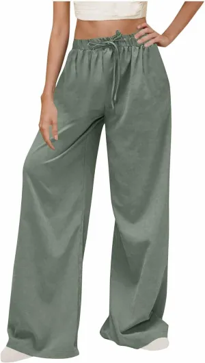 Womens Fashion Linen Pants 2025 Casual Lounge Pant Straight Leg Drawstring Loose Lightweight Trousers with Pockets