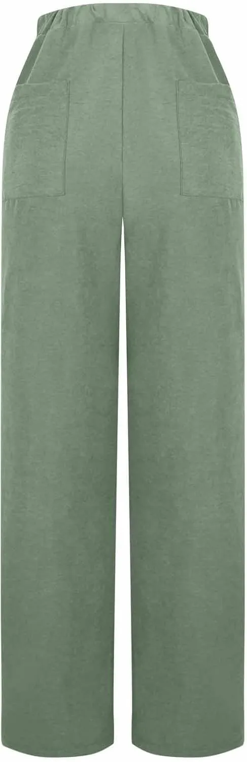 Womens Fashion Linen Pants 2025 Casual Lounge Pant Straight Leg Drawstring Loose Lightweight Trousers with Pockets