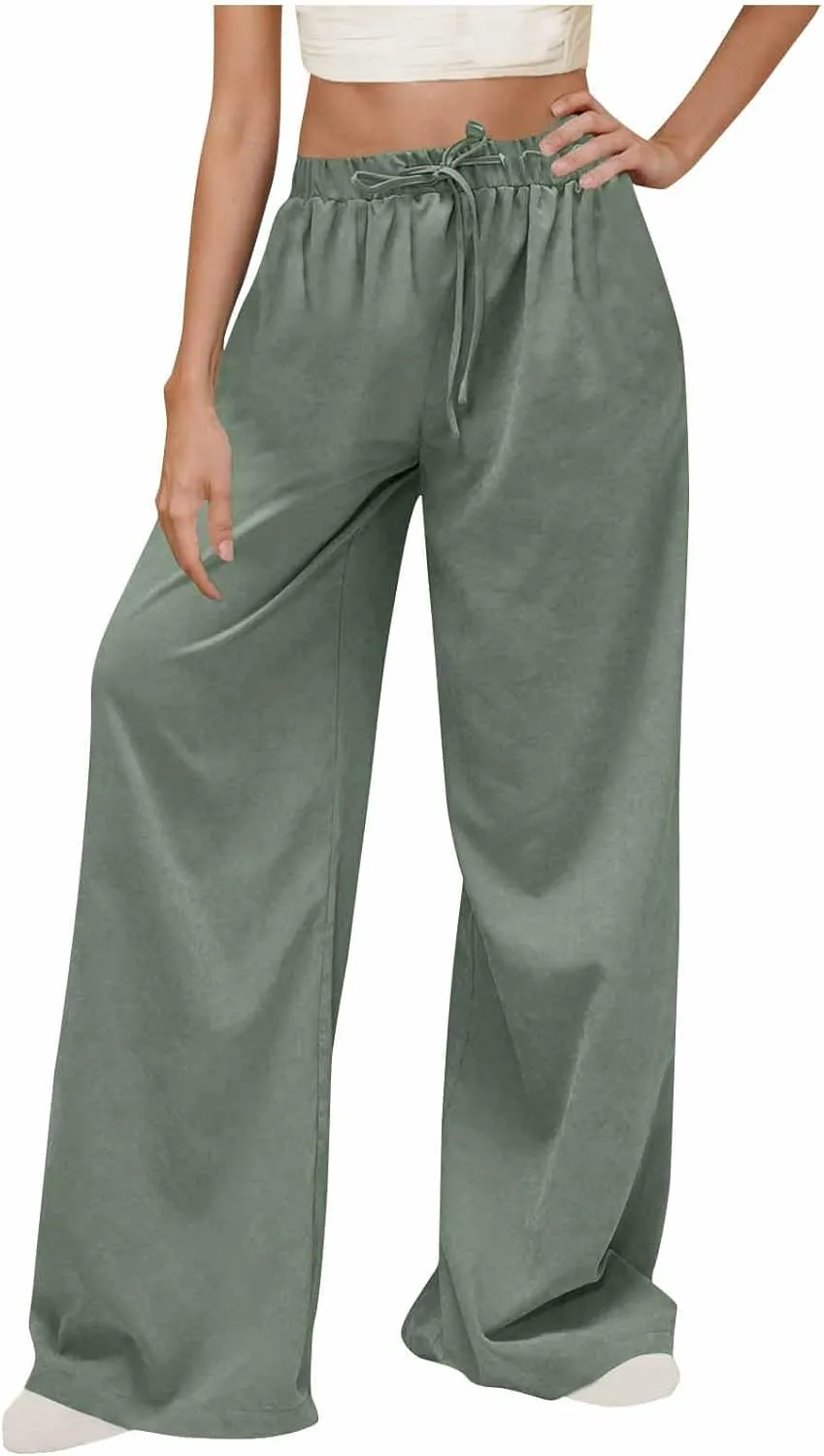Womens Fashion Linen Pants 2025 Casual Lounge Pant Straight Leg Drawstring Loose Lightweight Trousers with Pockets