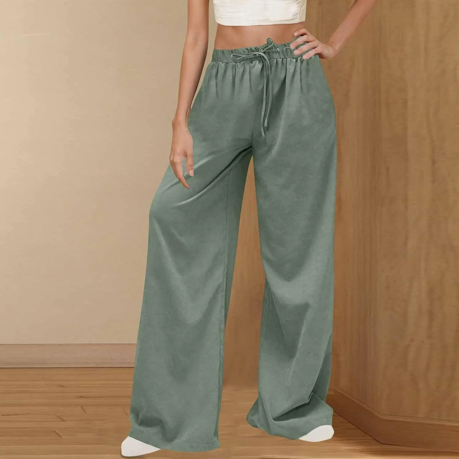 Womens Fashion Linen Pants 2025 Casual Lounge Pant Straight Leg Drawstring Loose Lightweight Trousers with Pockets