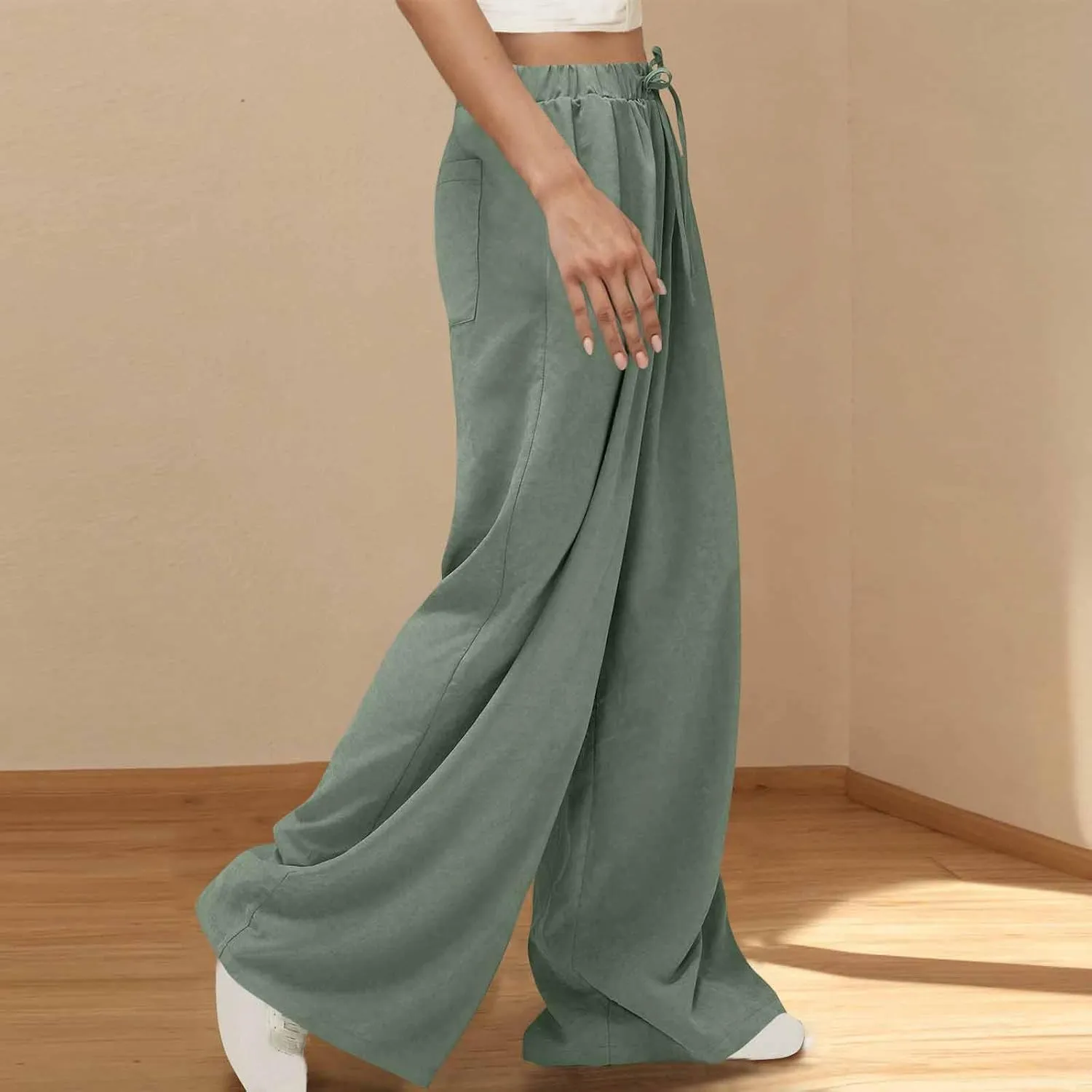 Womens Fashion Linen Pants 2025 Casual Lounge Pant Straight Leg Drawstring Loose Lightweight Trousers with Pockets