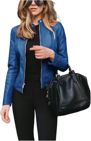 Womens Faux Leather Jacket Zip Up Moto Biker Short Coat Jacket Long Sleeve Motorcycle Bomber Coat Tops Suit Outwear