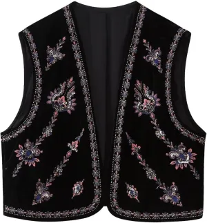 Women's Floral Embroidered Vest Boho Vintage Sleeveless Open Front Crop Cardigan Waistcoat