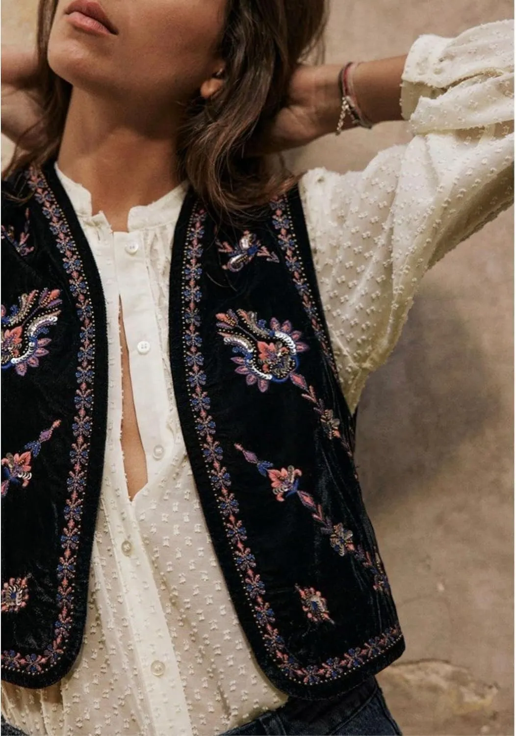 Women's Floral Embroidered Vest Boho Vintage Sleeveless Open Front Crop Cardigan Waistcoat