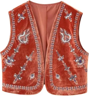 Women's Floral Embroidered Vest Boho Vintage Sleeveless Open Front Crop Cardigan Waistcoat