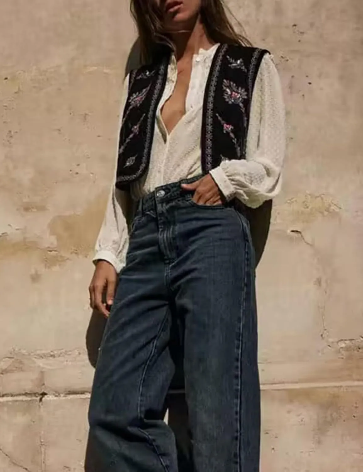 Women's Floral Embroidered Vest Boho Vintage Sleeveless Open Front Crop Cardigan Waistcoat