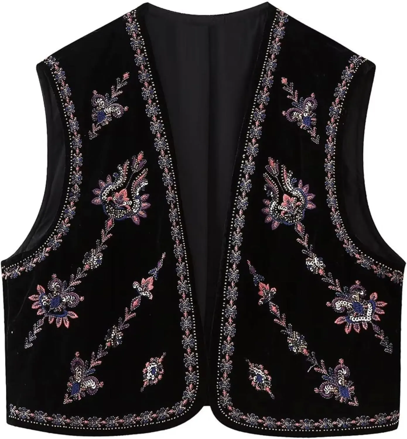 Women's Floral Embroidered Vest Boho Vintage Sleeveless Open Front Crop Cardigan Waistcoat