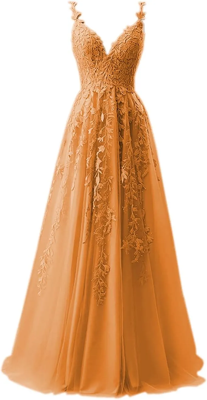 Women's Flower Spaghetti Straps V Neck Pleated Tulle Prom Dresses with Applique A Line Floor Length Backless Ball Gowns SR010
