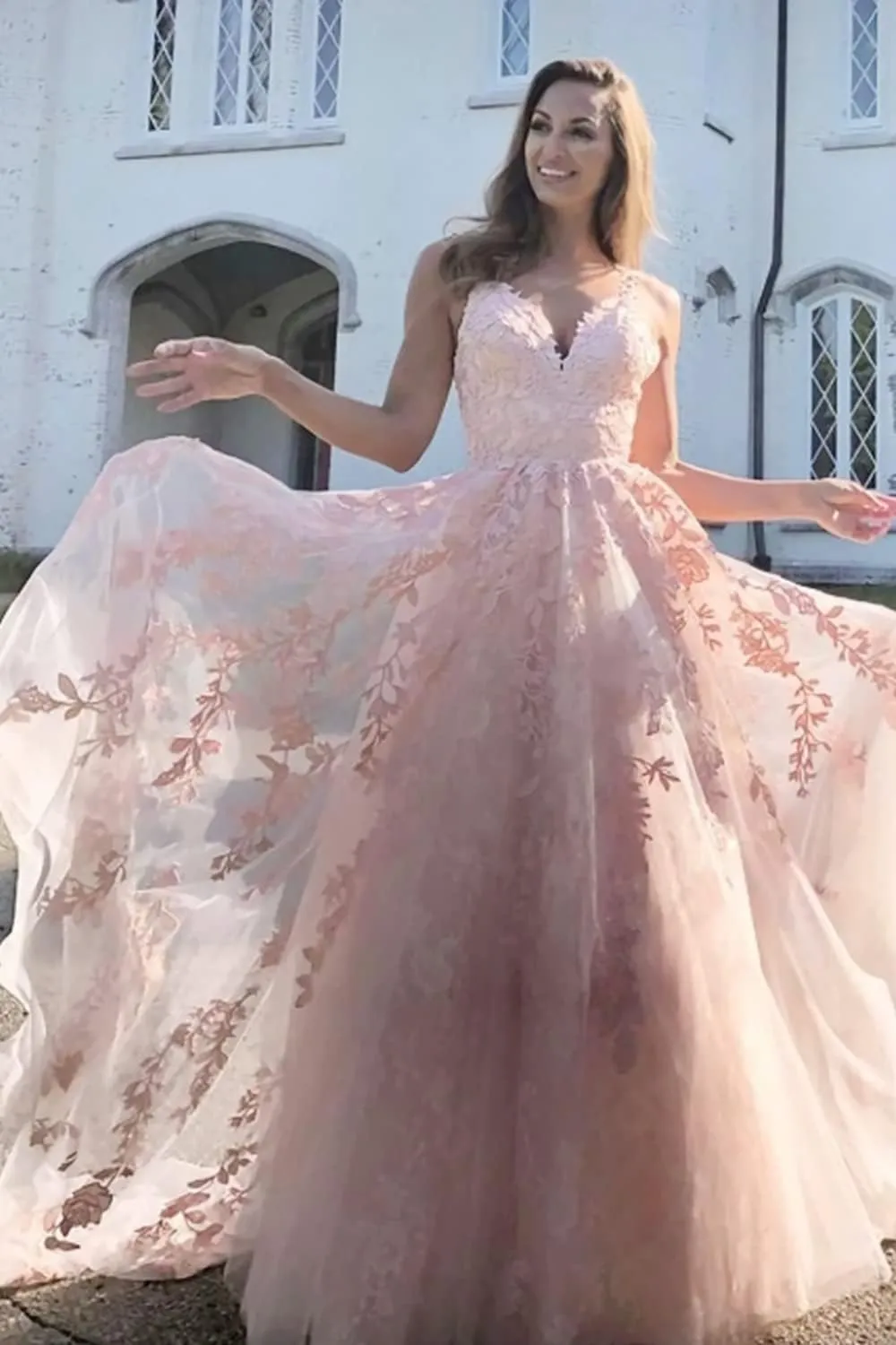 Women's Flower Spaghetti Straps V Neck Pleated Tulle Prom Dresses with Applique A Line Floor Length Backless Ball Gowns SR010
