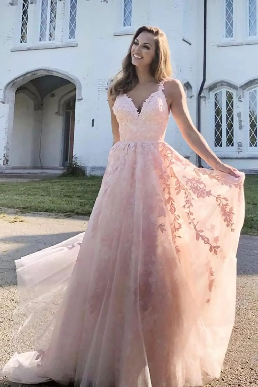 Women's Flower Spaghetti Straps V Neck Pleated Tulle Prom Dresses with Applique A Line Floor Length Backless Ball Gowns SR010