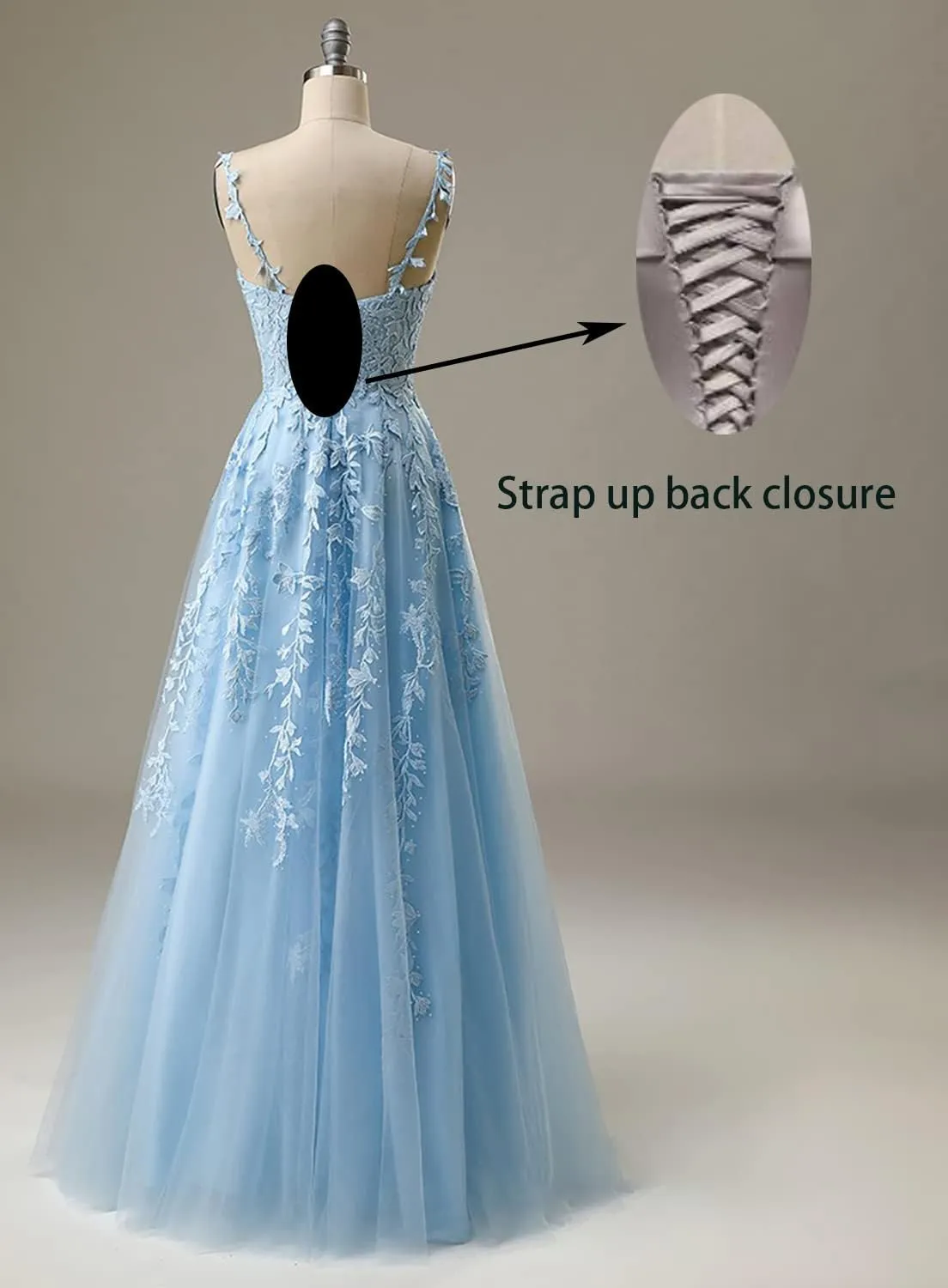 Women's Flower Spaghetti Straps V Neck Pleated Tulle Prom Dresses with Applique A Line Floor Length Backless Ball Gowns SR010